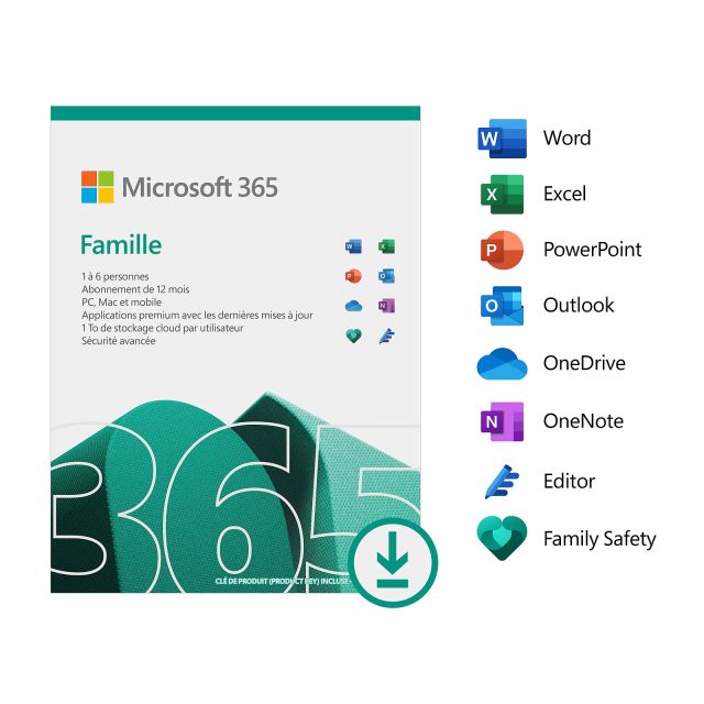 Microsoft 365 Famille - 6 Utilisateurs - PC/Mac/iOs/Android - 1 an - En téléchargement